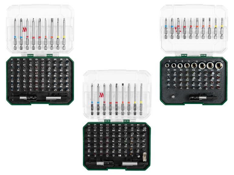 Ensemble d'embouts et de douilles Parkside dans des boîtiers transparents et verts.