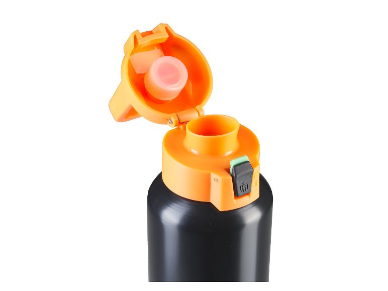 Bouteille d'eau noire avec couvercle orange ouvert et mécanisme de verrouillage