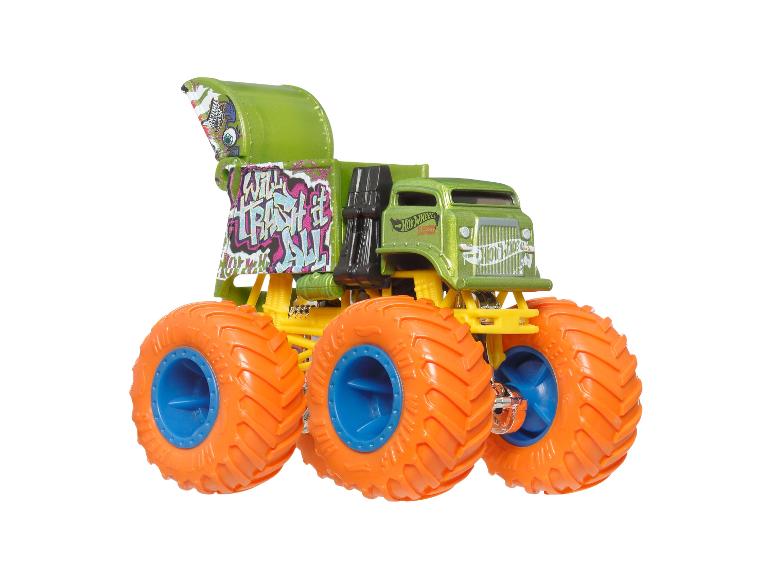 Camion monstre Hot Wheels vert avec pneus orange et jantes bleues.