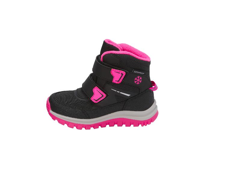 Bottes d'hiver imperméables noires et roses pour enfants avec fermetures velcro et flocon de neige.