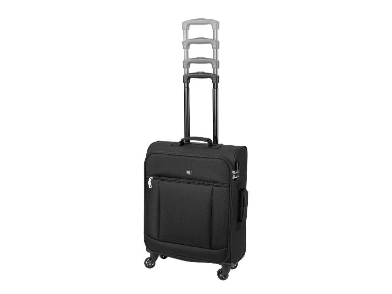 Valise noire à roulettes extensible, idéale pour les voyages.