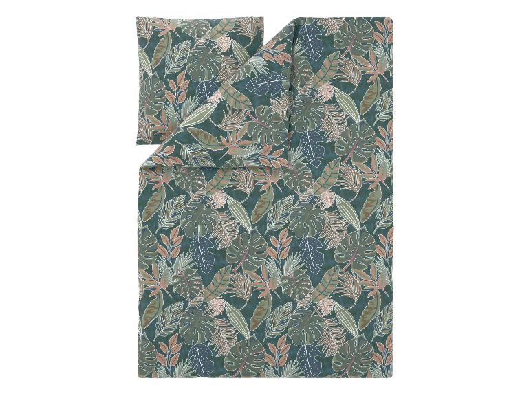 Parure de lit à motif de feuilles tropicales dans les tons verts et marrons.