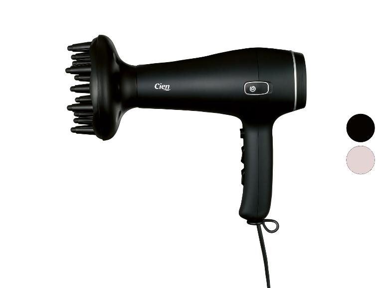 Sèche-cheveux noir avec diffuseur et bouton air froid.
