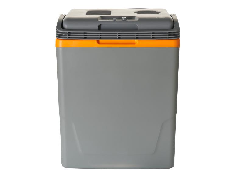 Glacière électrique grise et orange avec poignée et panneau de commande.