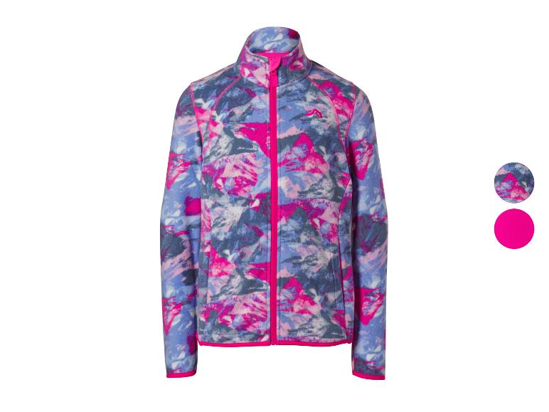 Veste polaire enfant à motif abstrait bleu, rose et blanc, avec fermeture éclair fuchsia
