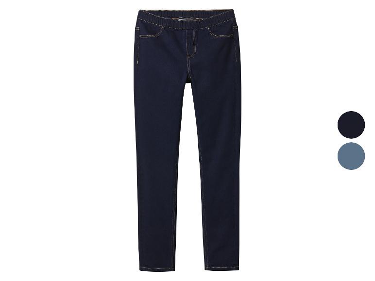 Jean skinny bleu foncé avec taille élastique et deux options de couleur.