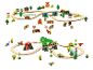 Ensemble de train en bois sur les thèmes de la ferme et des dinosaures, avec rails, véhicules et figurines.