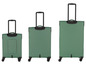 Trois valises vertes à roulettes de différentes tailles.