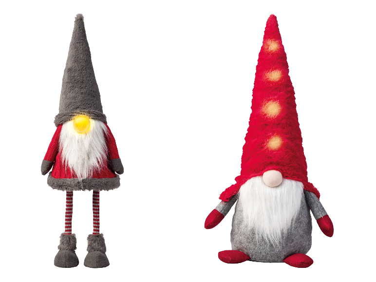 Deux gnomes festifs, l'un avec un nez lumineux et des jambes rayées, l'autre avec un chapeau rouge.
