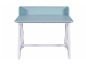 Bureau bleu clair avec séparateur, structure blanche.
