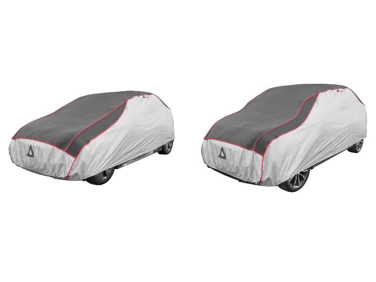 Deux housses de voiture grises et blanches avec des accents rouges.