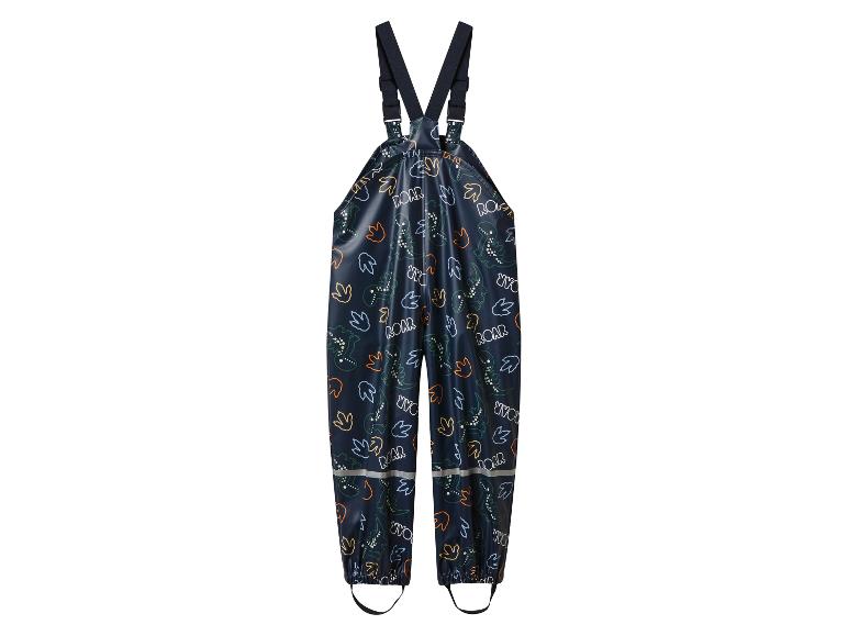 Salopette imperméable pour enfants avec motif dinosaure et texte 'ROAR'.