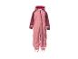 Combinaison imperméable rose et bordeaux pour enfants avec capuche et bandes réfléchissantes.