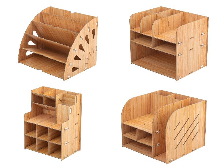 Quatre vues d'un organisateur de bureau en bois avec plusieurs compartiments et étagères.