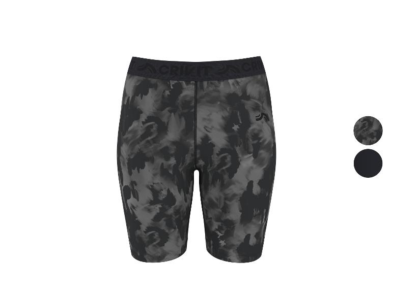 Short de sport femme noir et gris à motif abstrait, avec ceinture élastique.