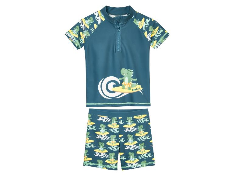 Maillot de bain enfant Playohoes : haut et short, motif dinosaures surfeurs.