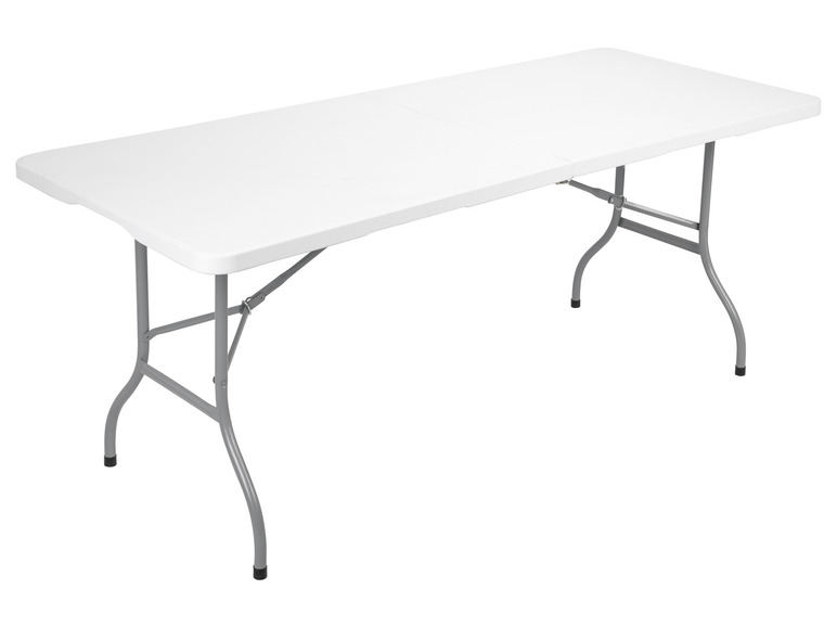 Une table blanche pliable avec un piétement en métal.