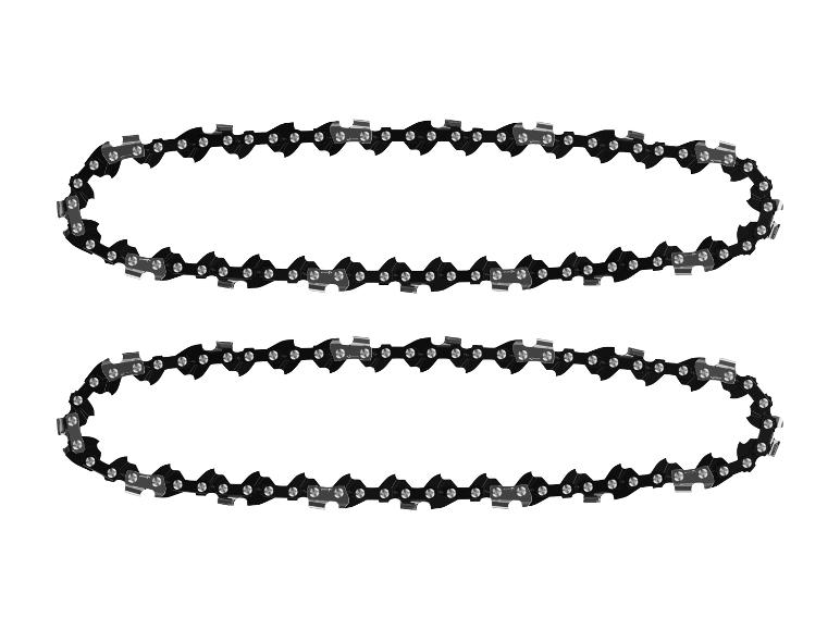 Deux chaînes de tronçonneuse noires sur fond blanc.