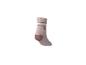 Chaussette rose avec des rayures blanches et rose foncé et un motif de cœur.