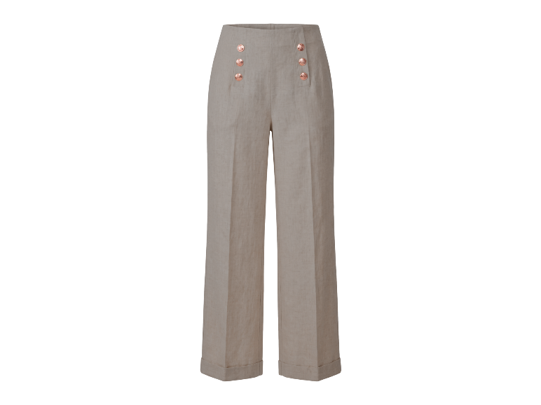 Pantalon en lin pour femme à taille haute et boutons décoratifs