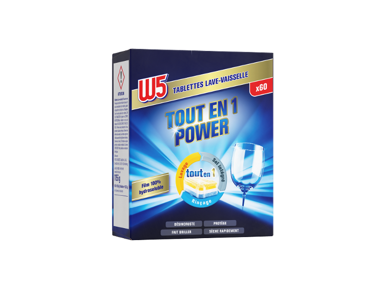 Tablettes lave-vaisselle, tout en un, 60 tablettes, avec film hydrosoluble.