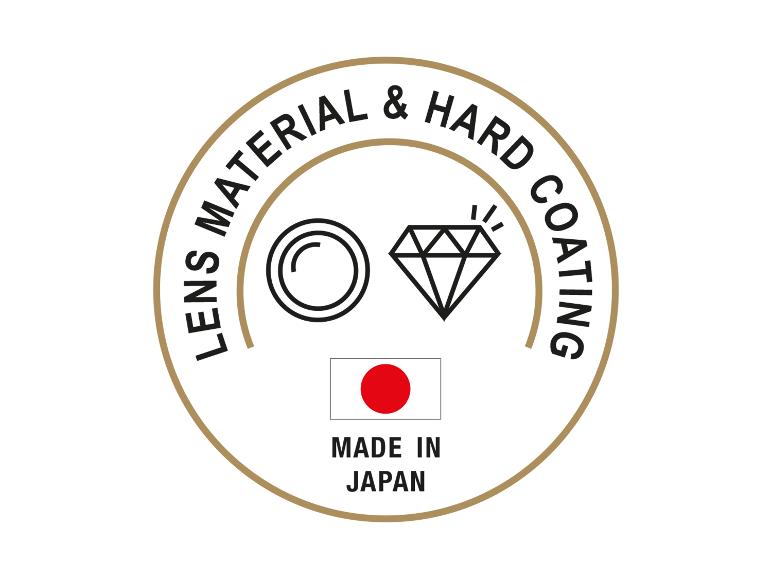 Logo avec le texte 'LENS MATERIAL & HARD COATING' et 'MADE IN JAPAN', avec une icône de lentille et de diamant.