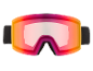 Masque de ski avec lentille miroir orange-rose et sangle noire.