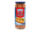 Saucisses fumées en bocal, avec une étiquette illustrant un hot-dog et un thème américain.