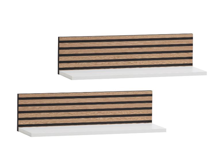 Deux étagères blanches avec un panneau arrière à lattes en bois et noir.