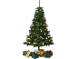 Sapin de Noël artificiel avec cadeaux emballés dans du papier doré, vert et rouge.
