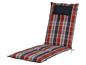 Un coussin de chaise longue à carreaux rouges, blancs et gris avec un coussin noir.