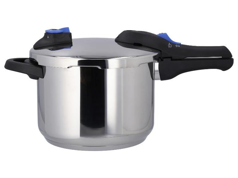 Une cocotte-minute en acier inoxydable avec des poignées noires et des accents bleus.