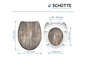Abattant de toilette avec imitation bois, vue du dessus et du côté, avec dimensions.
