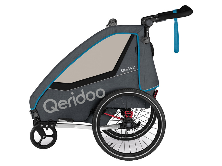 Une remorque de vélo Qeridoo Qupa 2 grise avec un accent bleu.