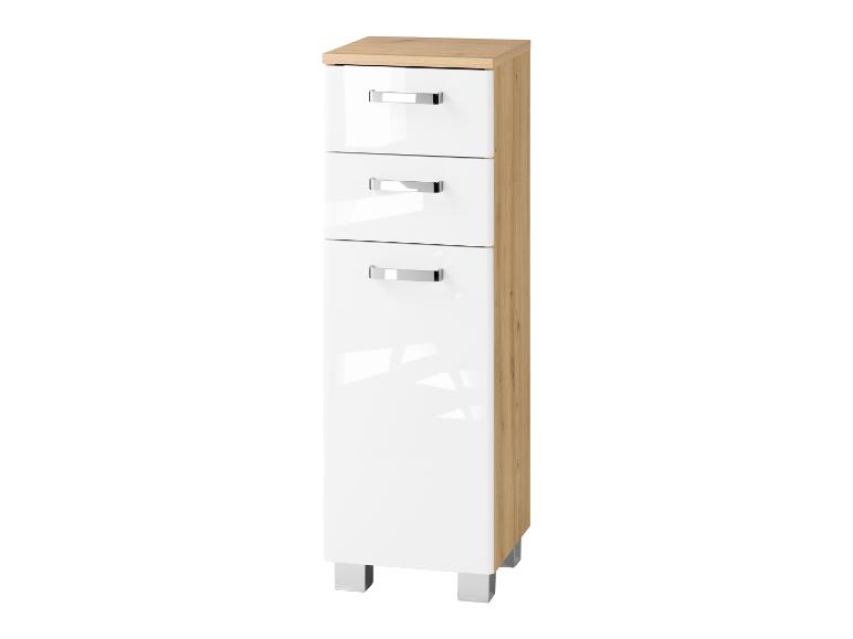 Meuble haut blanc avec trois tiroirs et un plateau en bois clair, sur fond blanc.