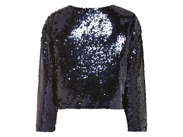 Un pull bleu foncé à paillettes à manches longues.