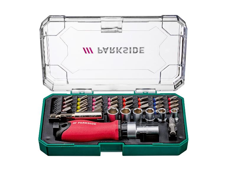 Ensemble d'outils Parkside : tournevis, douilles et embouts dans un coffret de rangement.