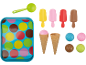 Ensemble de jouets de crème glacée avec plateau, cornets, boules de glace, bâtonnets et cuillère.
