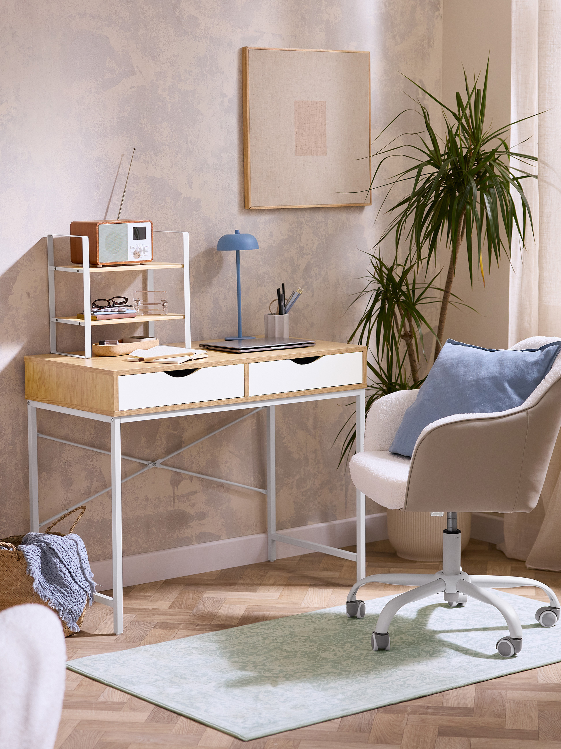 Bureau moderne avec étagères, chaise de bureau et plante d'intérieur dans un bureau à domicile.