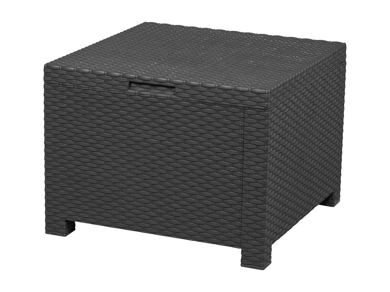 Un coffre de rangement noir avec un aspect en osier.