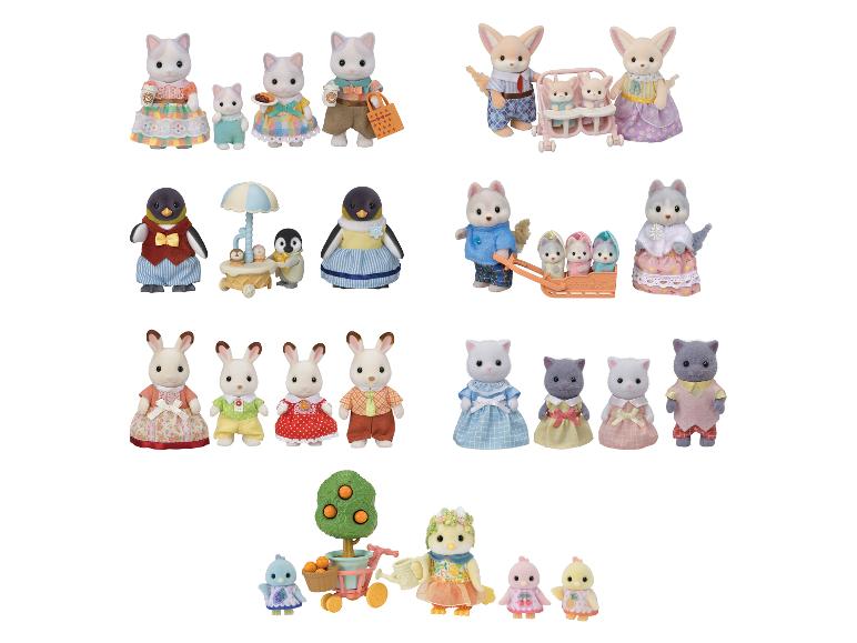 Ensemble de figurines d'animaux en peluche, comprenant des chats, des lapins, des pingouins et des renards.