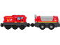 Train de pompiers jouet rouge à deux wagons, avec texte 'FIRE DEPT' et emblème de flamme.