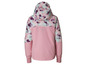 Une veste rose à capuche avec un motif abstrait.