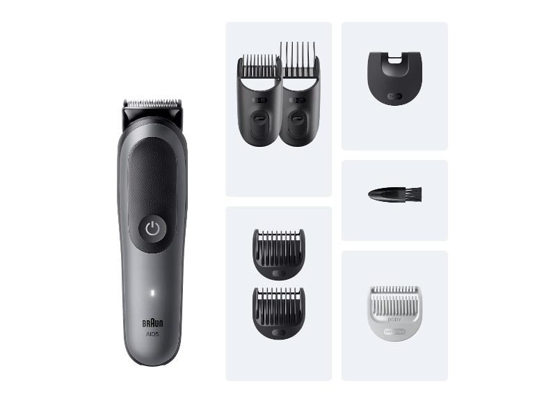 Tondeuse à cheveux et barbe avec divers accessoires et peignes pour le corps et les détails.