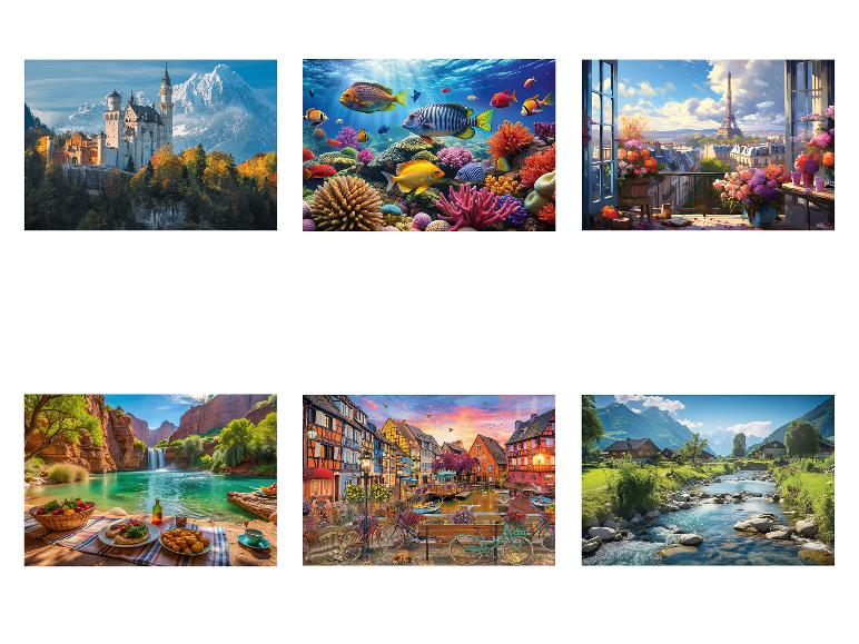 Six images de paysages divers : un château, un récif corallien, Paris, une cascade, une ville européenne et une rivière de montagne.