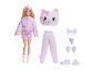 Poupée de mode avec costume de chat en peluche, mini-animal et accessoires
