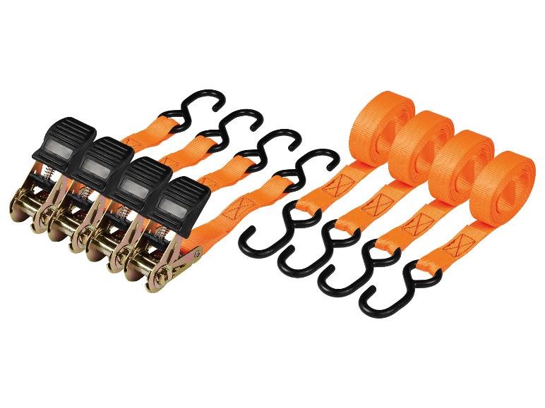Sangles d'arrimage orange avec cliquets et crochets.