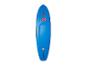 Paddleboard bleu avec des détails rouges et un grand logo au centre.