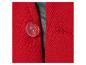 Fermeture d'un blazer rouge avec un bouton transparent.
