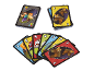 Jeux de cartes sur le thème de Minecraft, y compris des piles et des cartes étalées.